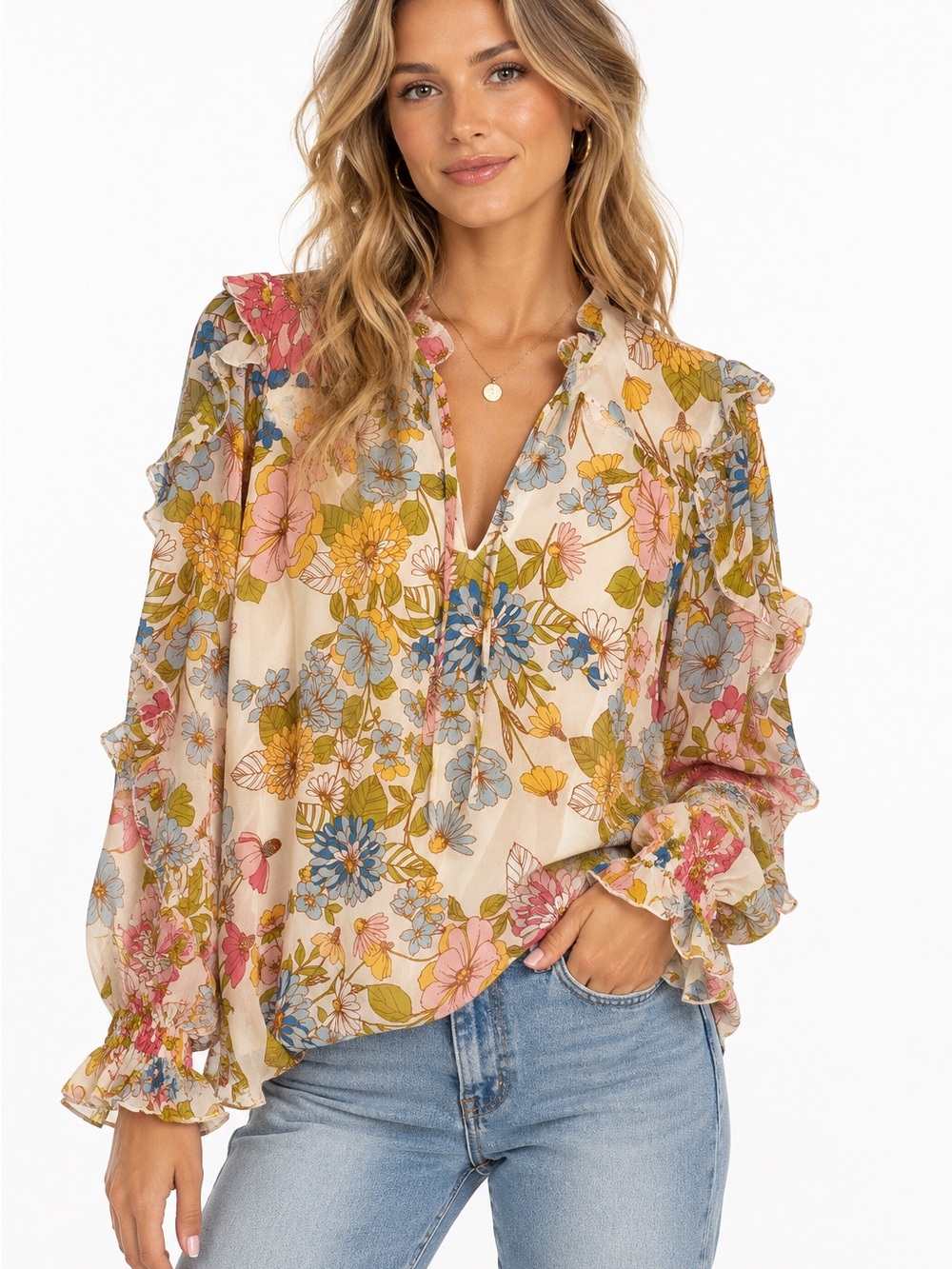Sugarlips Floral Ruffle V-Neck Blouse Boho Multi Womens Size Medium
